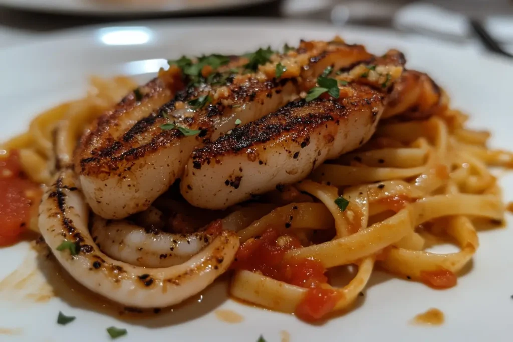 Pan-seared calamari steak with linguine and tomato sauce.