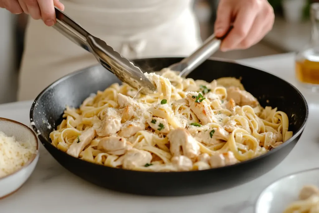 Garlic parmesan chicken pasta being served family-style.