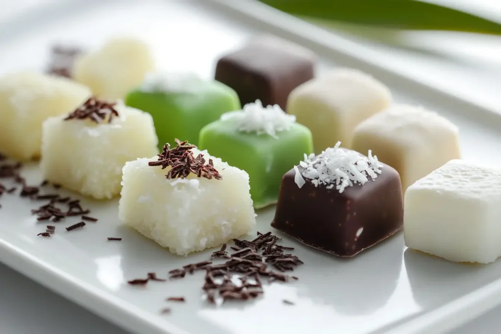 A plate of gourmet coconut candies in pandan, chocolate, and classic flavors.