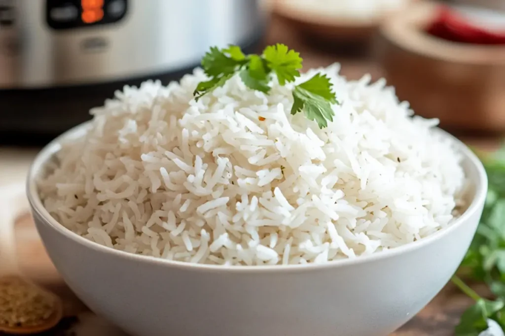 A bowl of perfectly cooked Basmati Rice Instant Pot garnished with fresh cilantro, placed on a wooden surface with an Instant Pot in the background