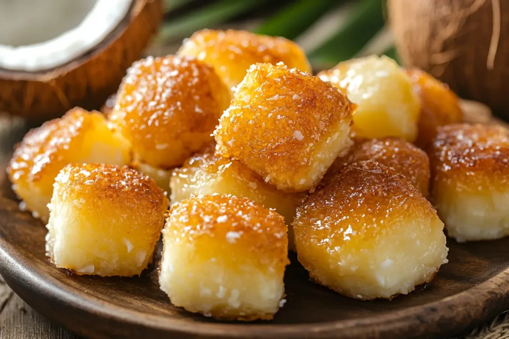 Golden-brown Brazilian coconut candy (Cocada) with a caramelized exterior on a wooden plate.