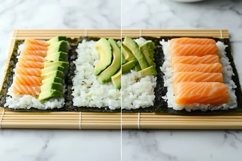 Step-by-step Alaska roll preparation with sushi rice, nori, avocado, and salmon on a bamboo mat.