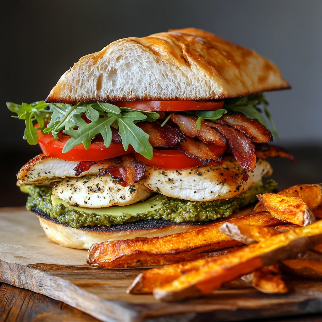 Gourmet chicken sandwich with arugula and pesto.