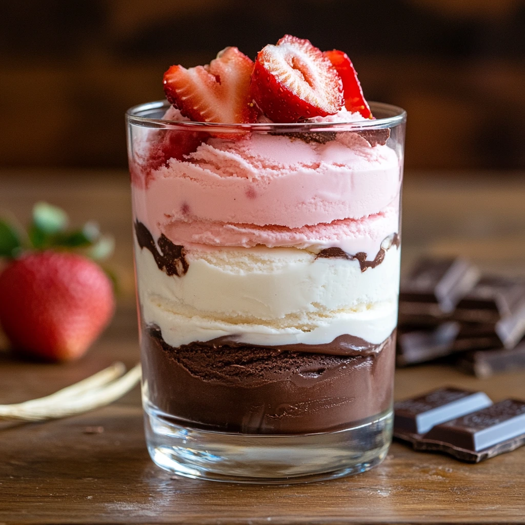 Glass layered with Neapolitan Ice Cream recipe featuring chocolate, vanilla, and strawberry flavors, topped with fresh strawberry slices on a wooden table.