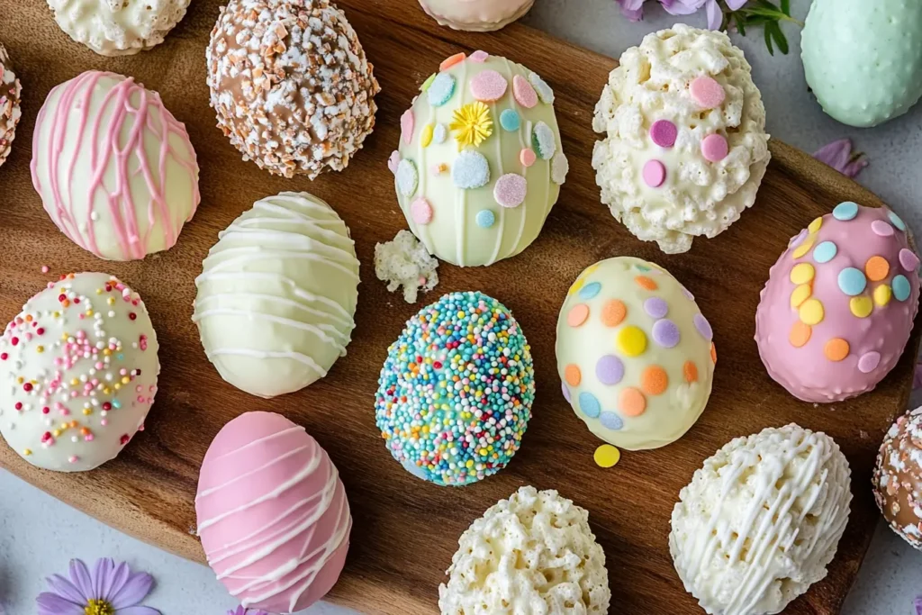 Assorted decorated Rice Krispie Easter Eggs with chocolate and sprinkles.