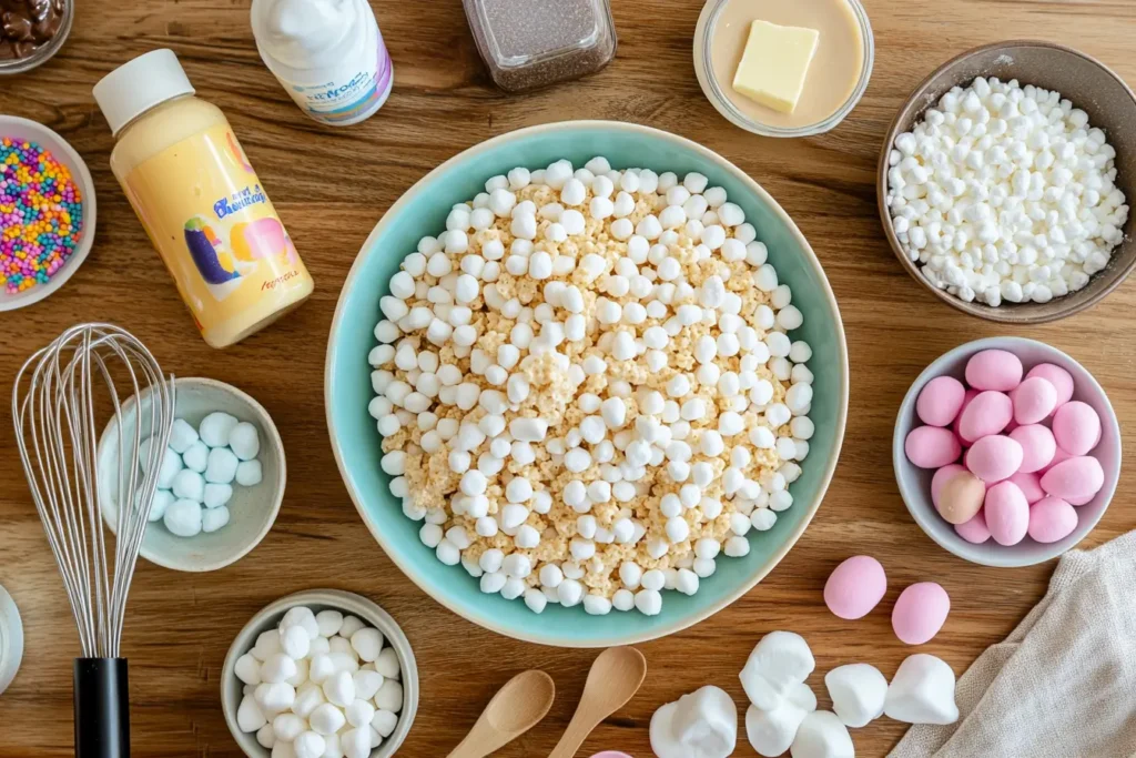 Ingredients for Rice Krispie Easter Eggs, including Rice Krispies, marshmallows, butter, and fun add-ins.