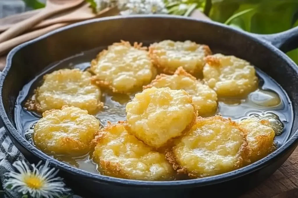 Golden dandelion flower fritters frying in a cast iron skillet