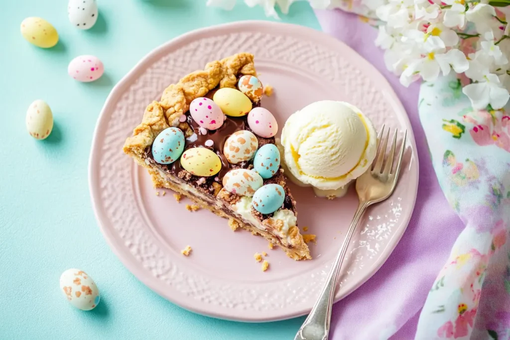 A slice of Easter cookie pie topped with colorful candy eggs, served with a scoop of vanilla ice cream on a pink plate.