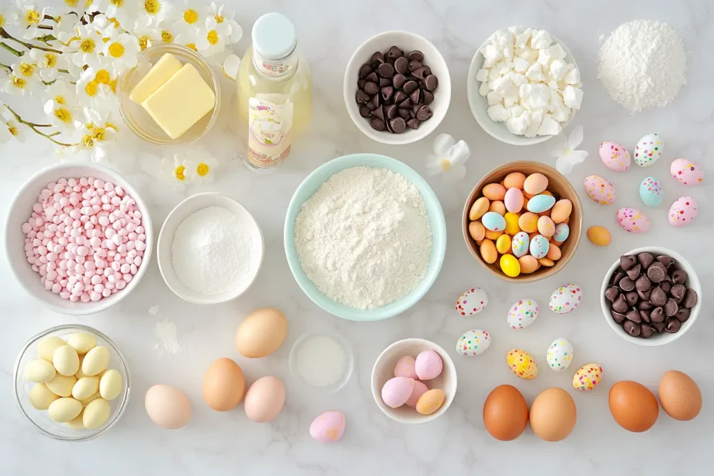Flat lay of Easter cookie pie ingredients including flour, butter, chocolate chips, candy eggs, sugar, and fresh eggs on a marble background with white spring flowers.