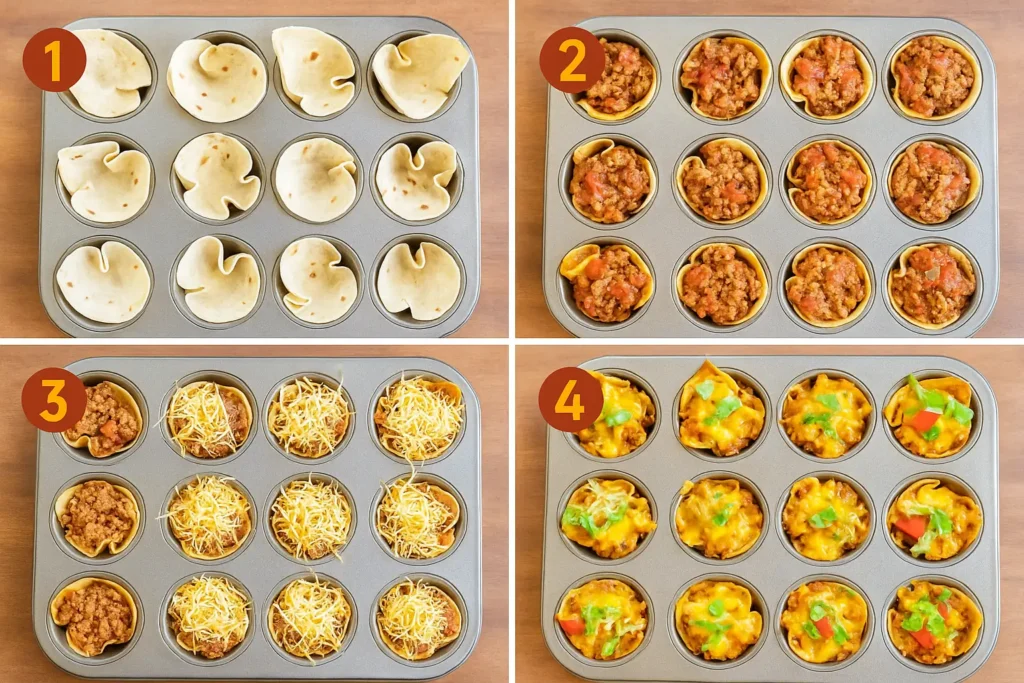 Four-step visual guide to making taco cups in a muffin tin using tortillas, taco meat, shredded cheese, and fresh toppings.