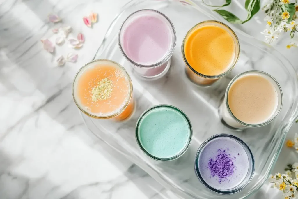 Various Brazilian Mounjaro recipe detox drinks including butterfly pea tea and yerba mate