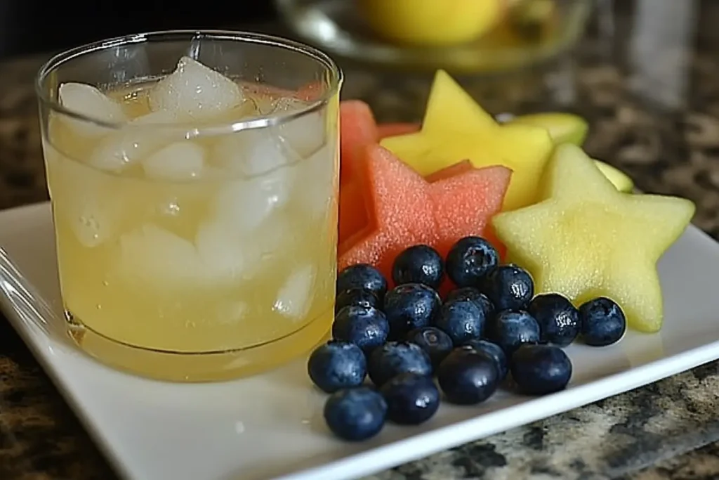 Glass of chilled lemonade with ice alongside watermelon and honeydew stars and fresh blueberries