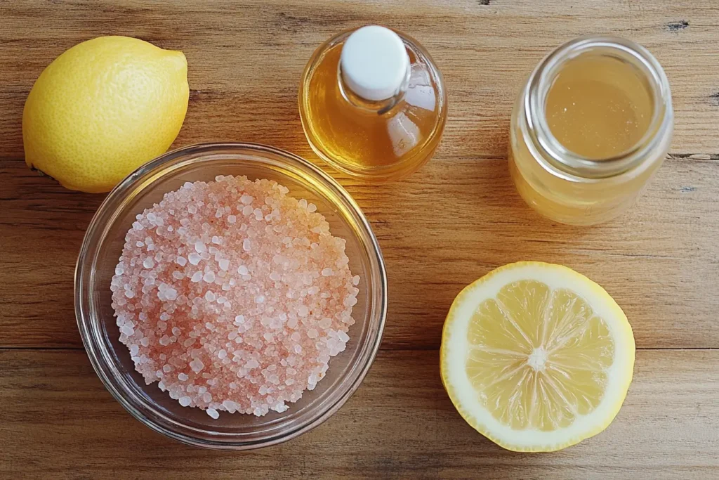 Ingredients for pink salt weight loss recipe including Himalayan salt, lemon, and apple cider vinegar on a wooden background
