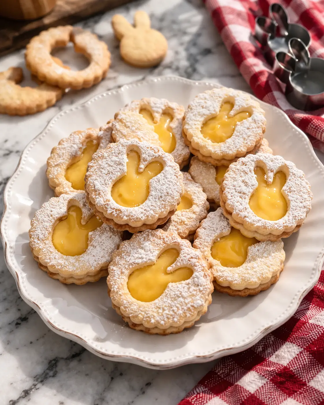 Bunny-shaped lemon Linzer cookies dusted with powdered sugar on a white plate ,Easter Lemon Linzer Cookies